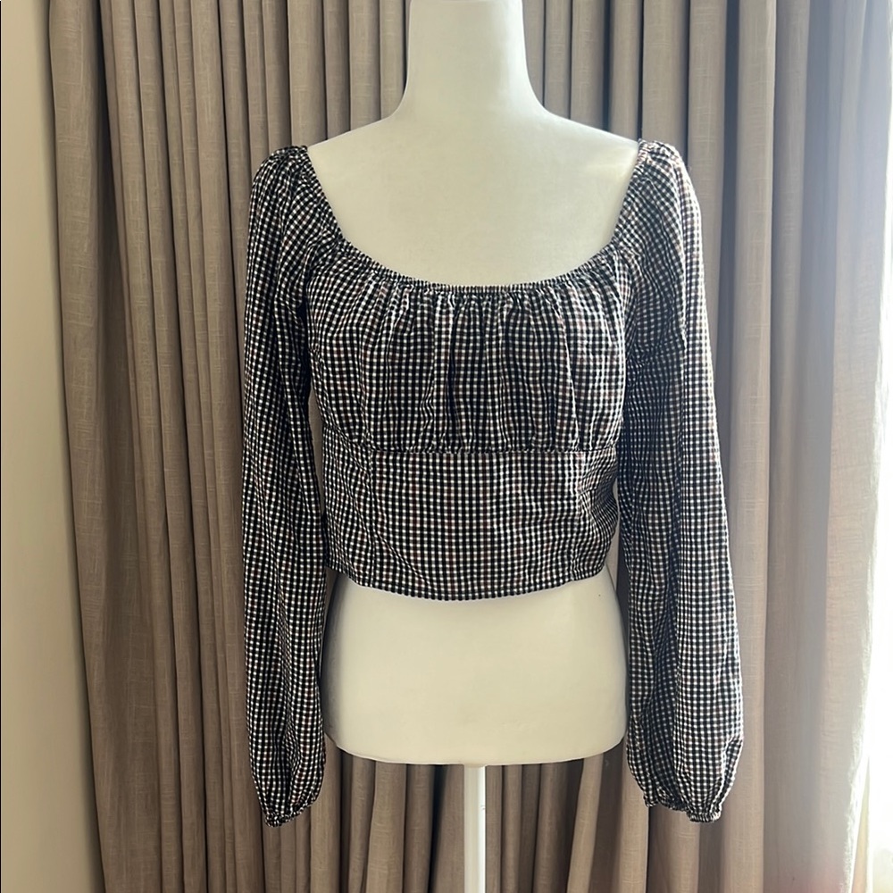 Hollister Brown Black Gingham Plaid Crop Balloon Sleeve Top